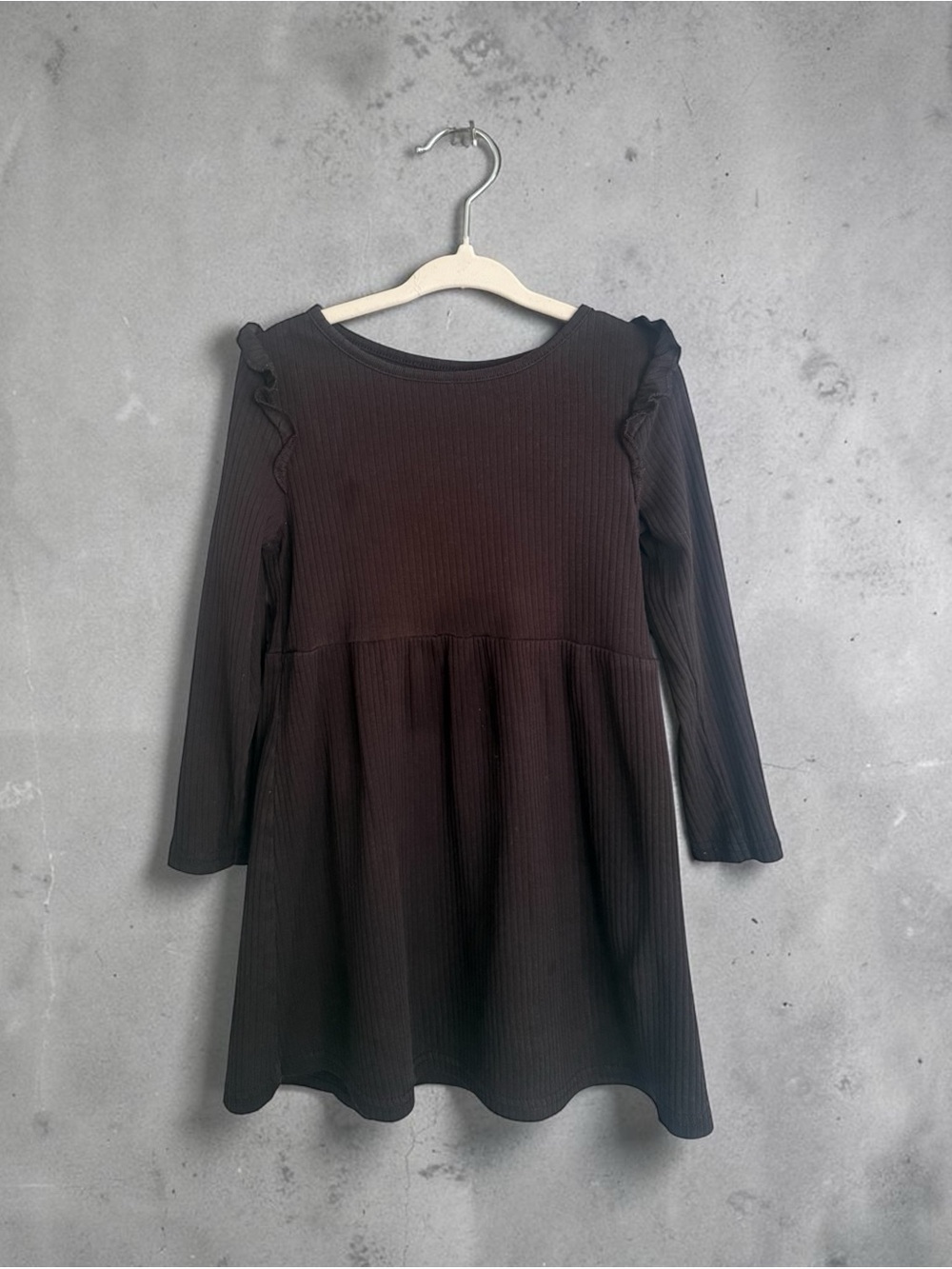 H&M Black Ribbed Long-Sleeve Dress with Ruffle Shoulders